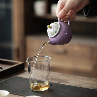 叙旧 木槿紫釉下彩手绘带过滤陶瓷梨形壶仿古功夫茶具防烫泡茶壶