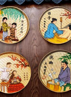 养生采耳店墙面装饰挂饰竹编竹筛子簸箕画墙壁挂饰手绘画复古壁饰
