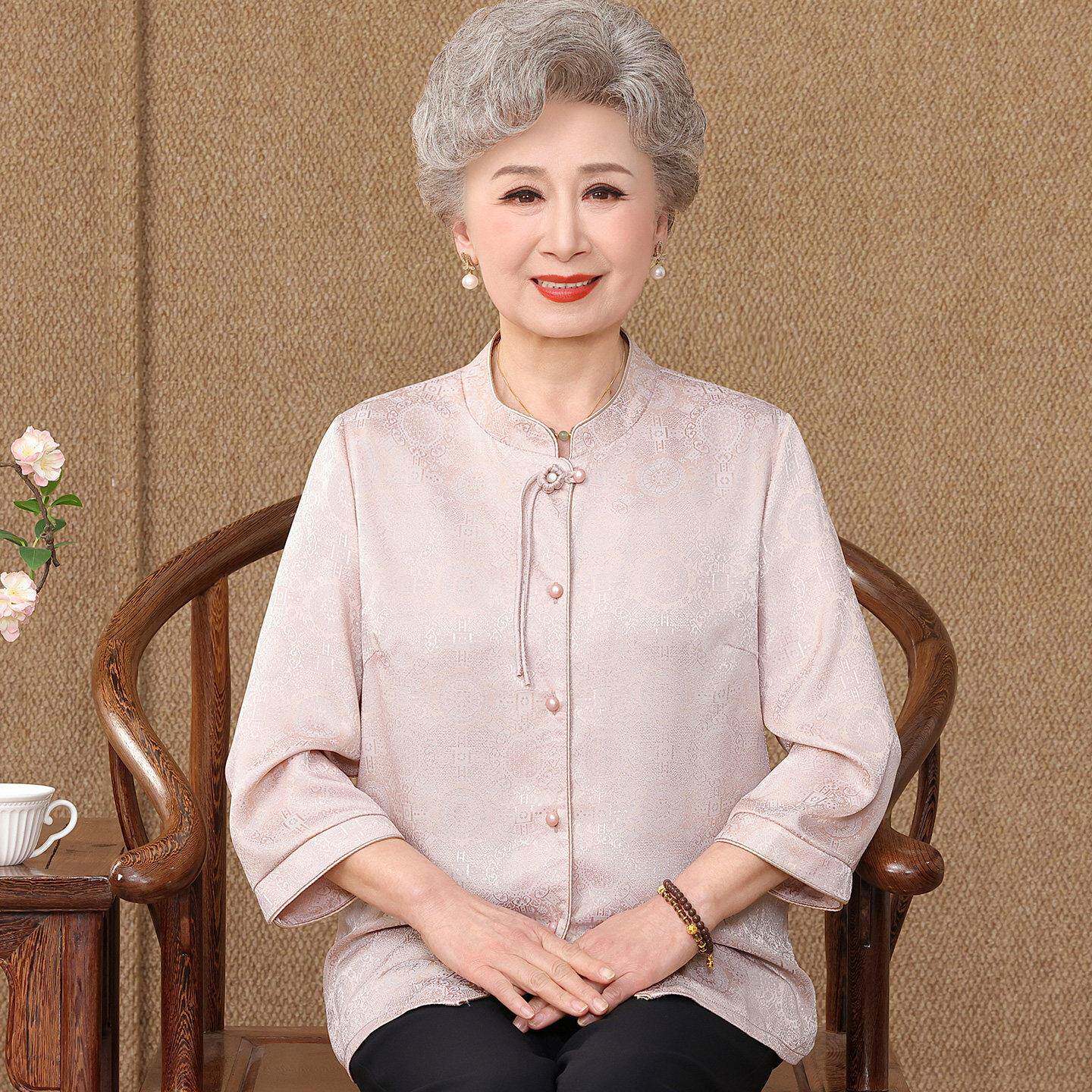 中老年人衬衫女开衫夏装桑蚕丝100%套装民族风奶奶真丝印花上衣薄