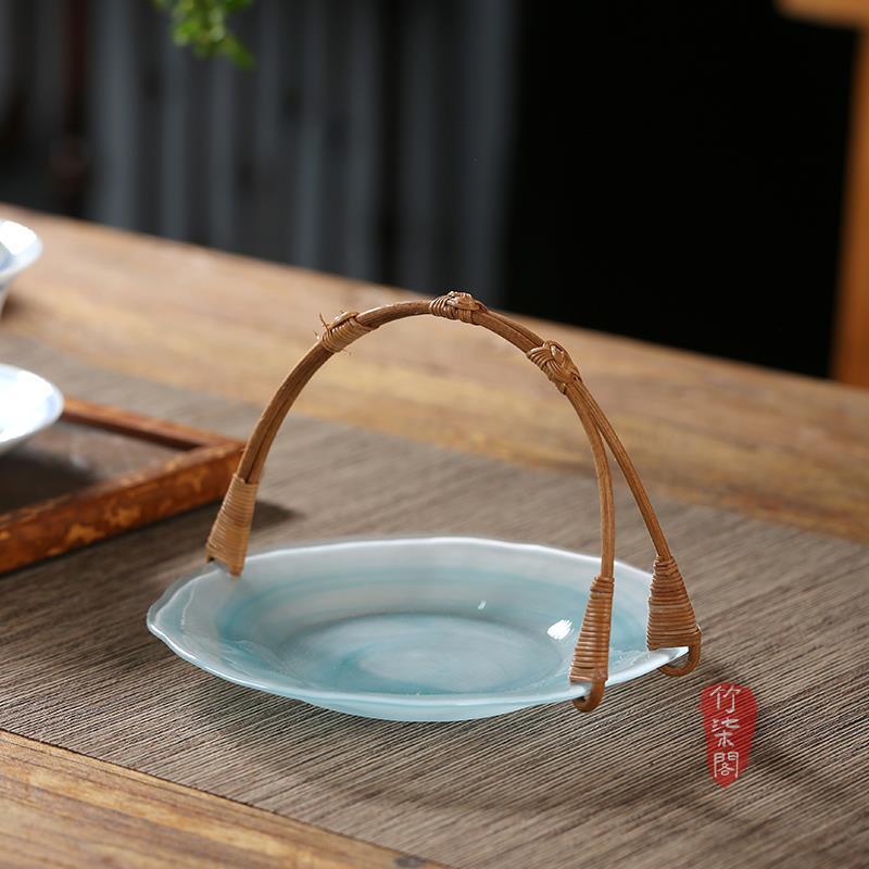 竹柒阁中式手工藤编琉璃果盘托 托盘客厅茶几家用收纳提篮果篮点