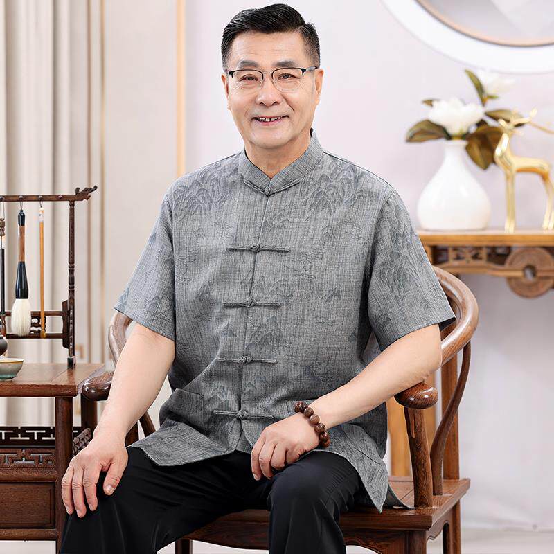 新中式唐装男中老年夏季70岁爸爸夏装老人短袖爷爷棉麻中国风衣服