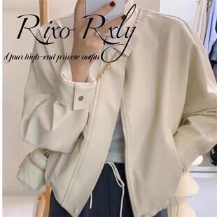 RIXO RXLY白色短款皮衣外套女春秋季新款小众休闲小个子机车夹克