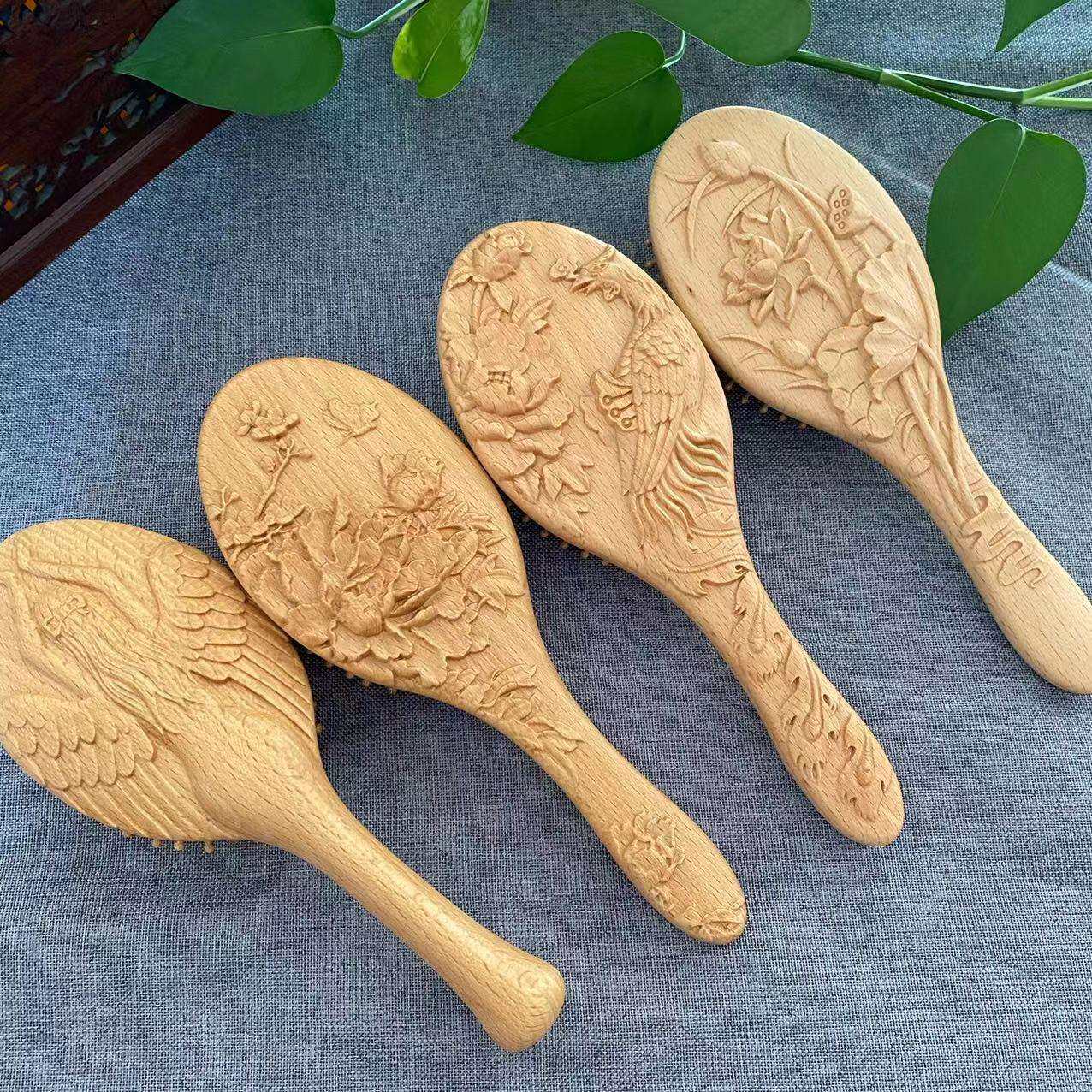 榉木气囊梳子头部经络按摩梳浮雕木制木质气囊梳