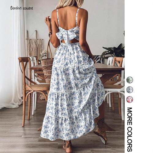 Women's Floral Print Strap Dress Casual Gathered Edge