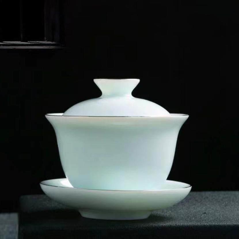 加厚描金影青蜜釉羊脂玉茶具单个泡茶盖碗公杯过滤茶杯简约陶瓷杯