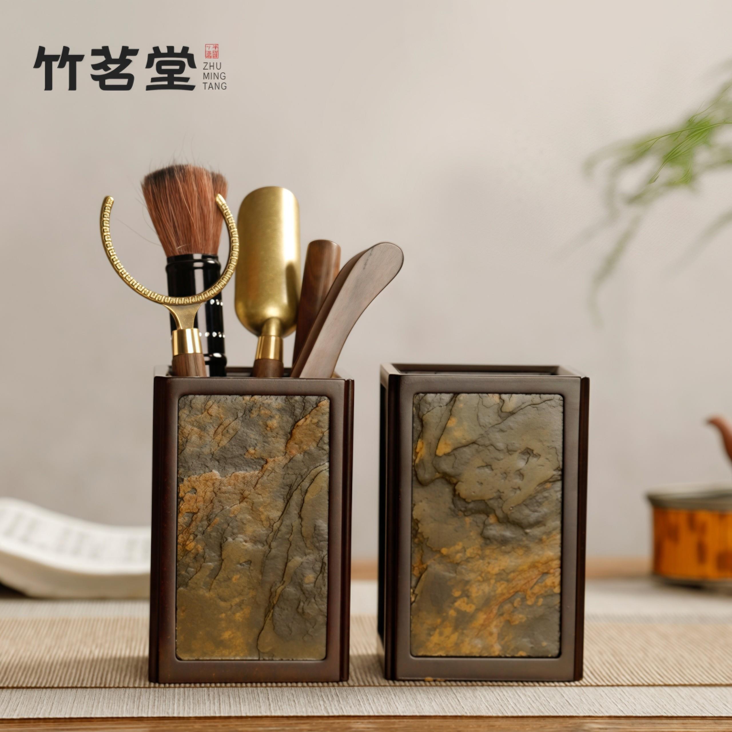 岩石复古六君子茶筒收纳筒笔筒中式文房茶则茶夹茶道零配件收纳桶