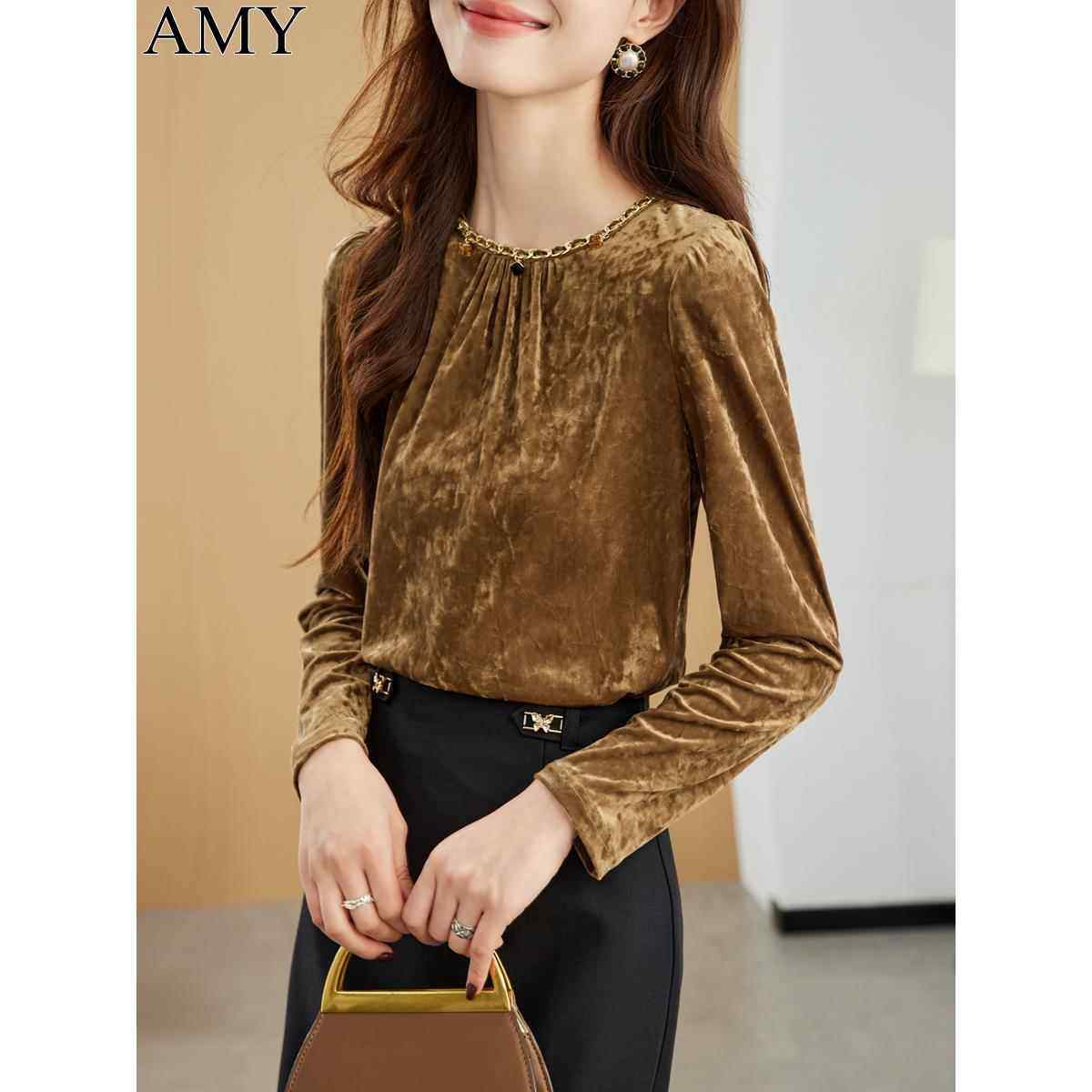 2026新款法式经典圆领金丝绒T恤春装宽松时尚复古打底衫上衣女装