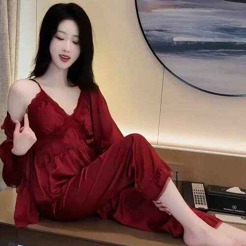 睡衣冰女款春秋季带胸垫吊带长袖三件套装薄款红色家居服可1005d