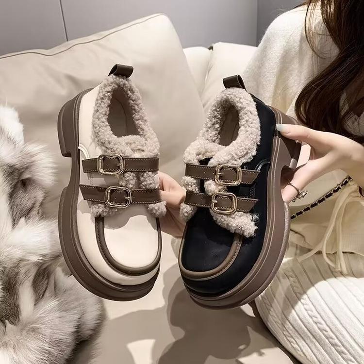 加绒保暖鞋子厚底乐福小皮鞋2025年冬季新款日系学生增高外穿棉鞋