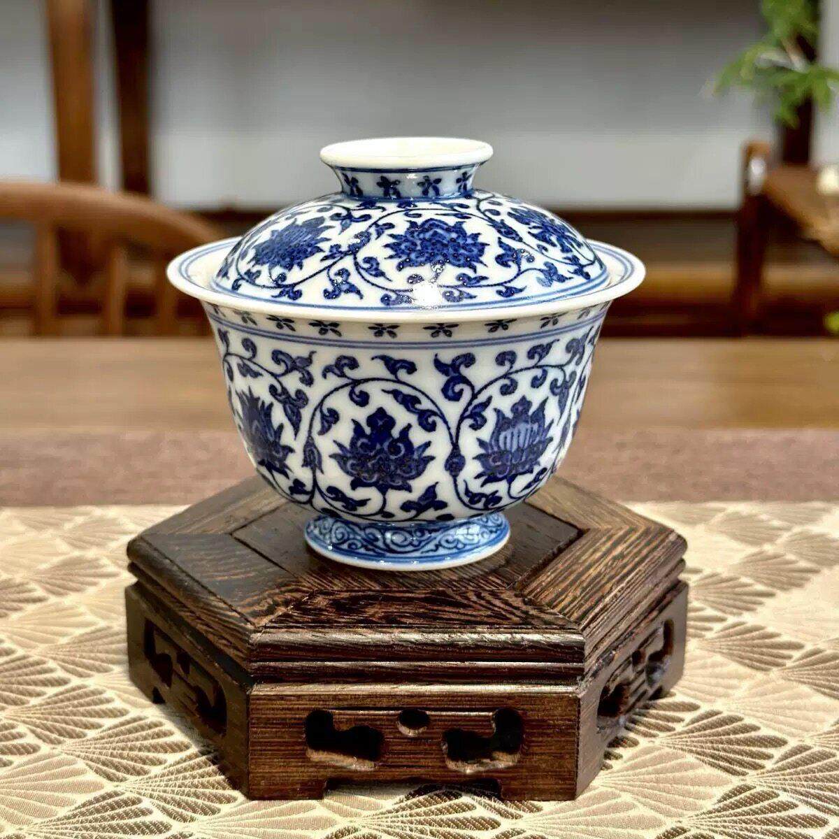 仿古青花缠枝莲盖碗景德镇陶瓷功夫茶具泡茶碗茶碗茶杯