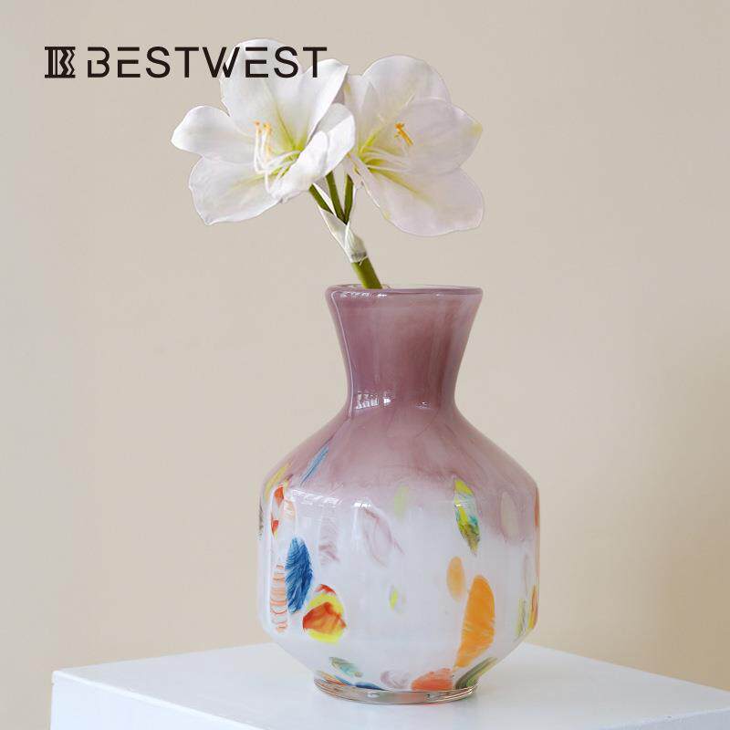 BEST WEST新款中古风手工粉色玻璃花瓶轻奢风桌面居家鲜花瓶