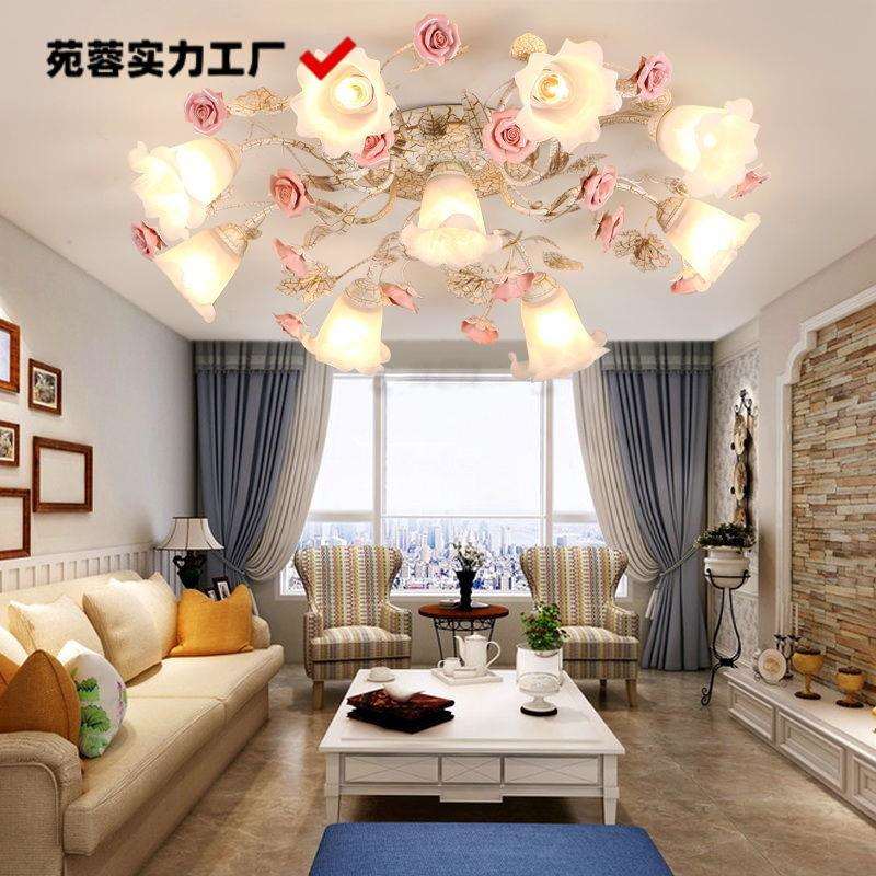 美式田园吸顶灯欧式客厅卧室花草灯温馨浪漫粉色花朵公主婚房灯具