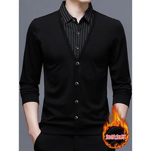 秋冬季男装假两件套针织衫男子条纹衬衫领服装衬里加厚保暖1008r