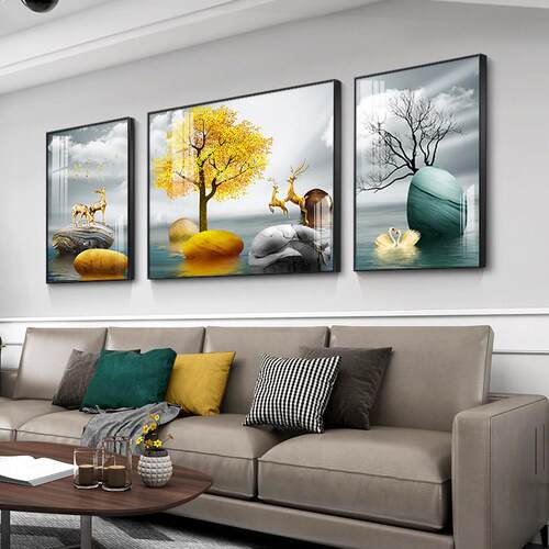 网红现代简约客装饰画晶轻招财厅沙发背景墙画三联画壁画奢高档瓷