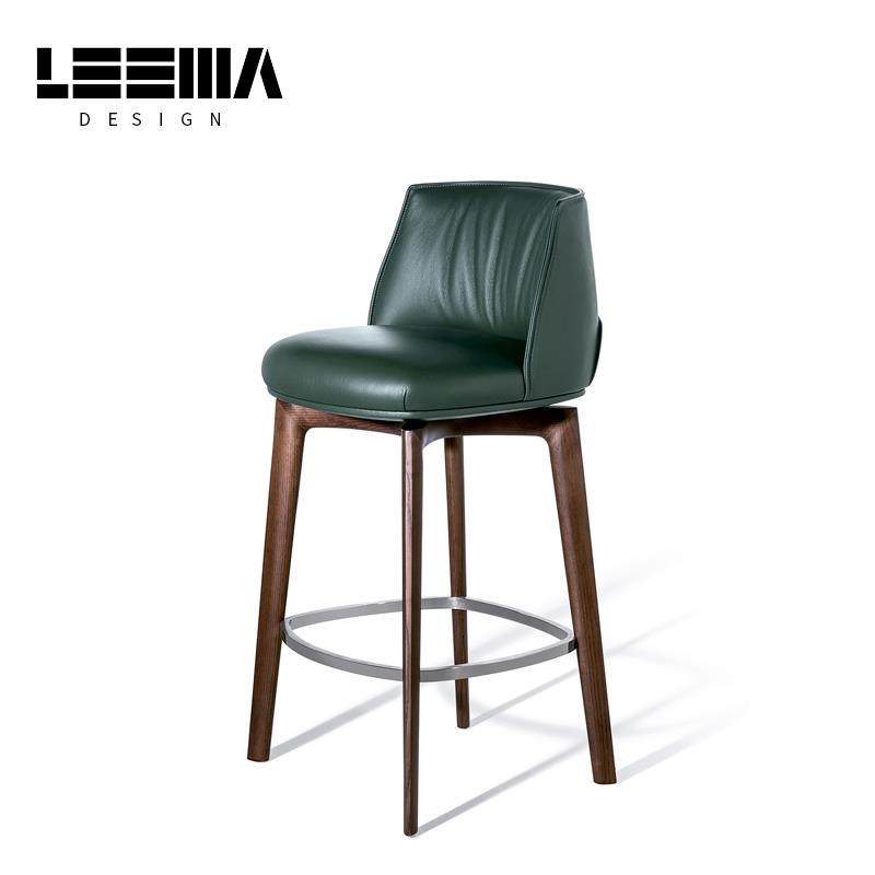 简约现代真皮吧台椅家用高脚凳可旋转意式极简酒吧椅实木岛台椅子