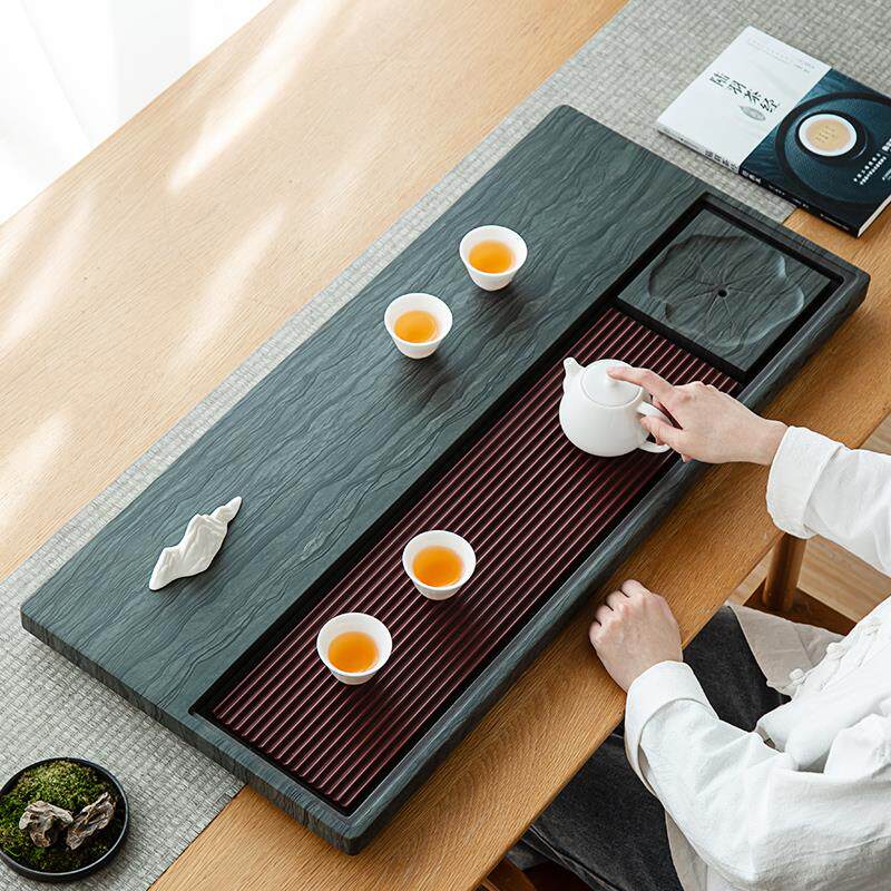 天然绿木纹石茶盘茶台家用简约乌金石材电木大小号茶托盘茶具茶海