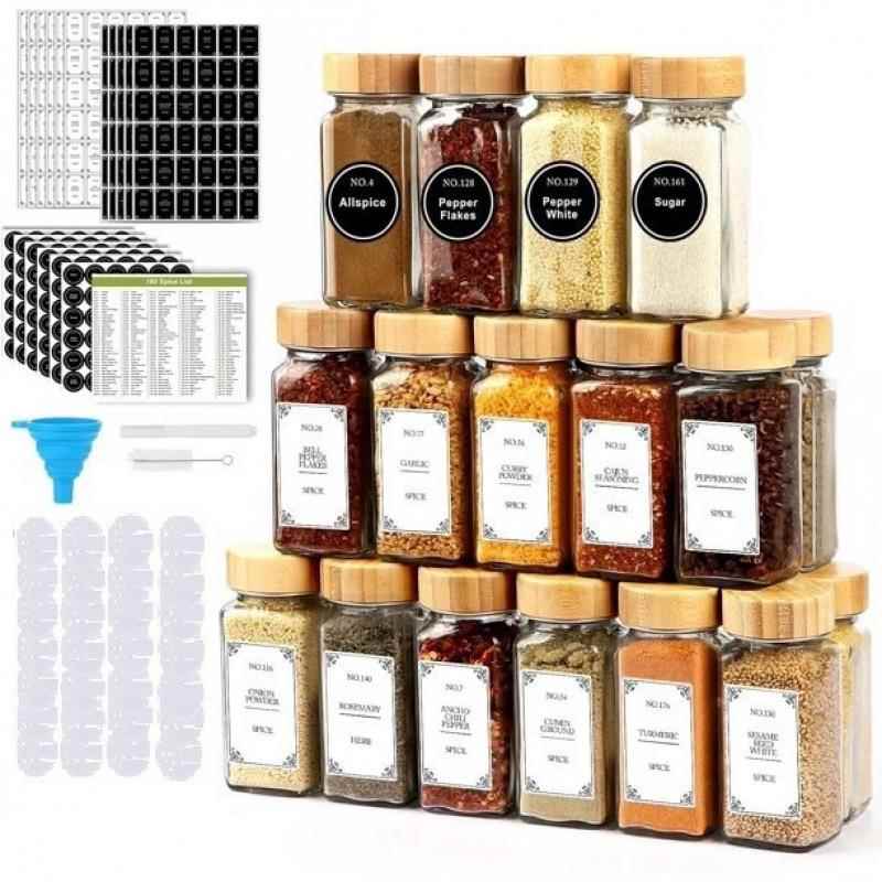 调料瓶分装玻璃带盖方形调料罐120ml调味瓶4oz竹木盖香料罐