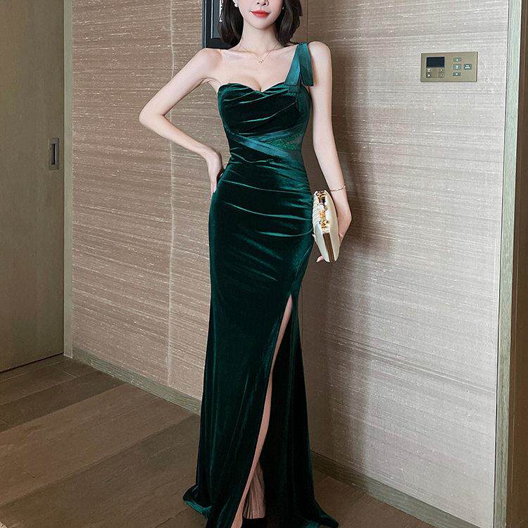夜场性感气质显瘦单肩丝绒晚礼服夜总店佳丽长裙足浴技师工装