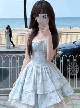 法式甜美蓝色碎花洋装女夏季巨好看绝美公主蛋糕裙收腰蓬蓬裙子