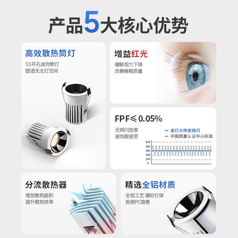 OA5M开孔55迷你小孔径筒灯60度深杯深藏防眩光内嵌式过道灯家用客