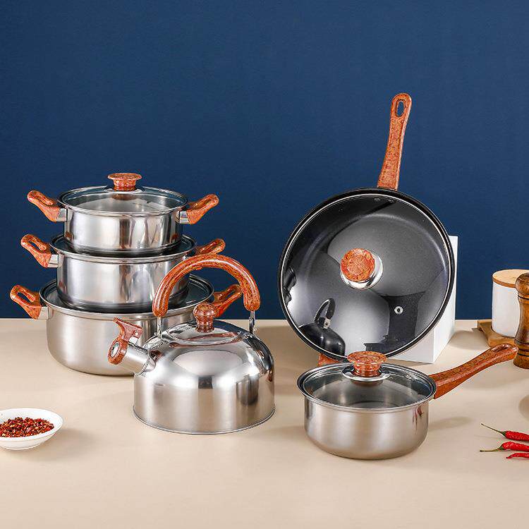 跨境货源不锈钢套锅 12件套木纹手柄带水壶锅具组合厨房烹饪套装