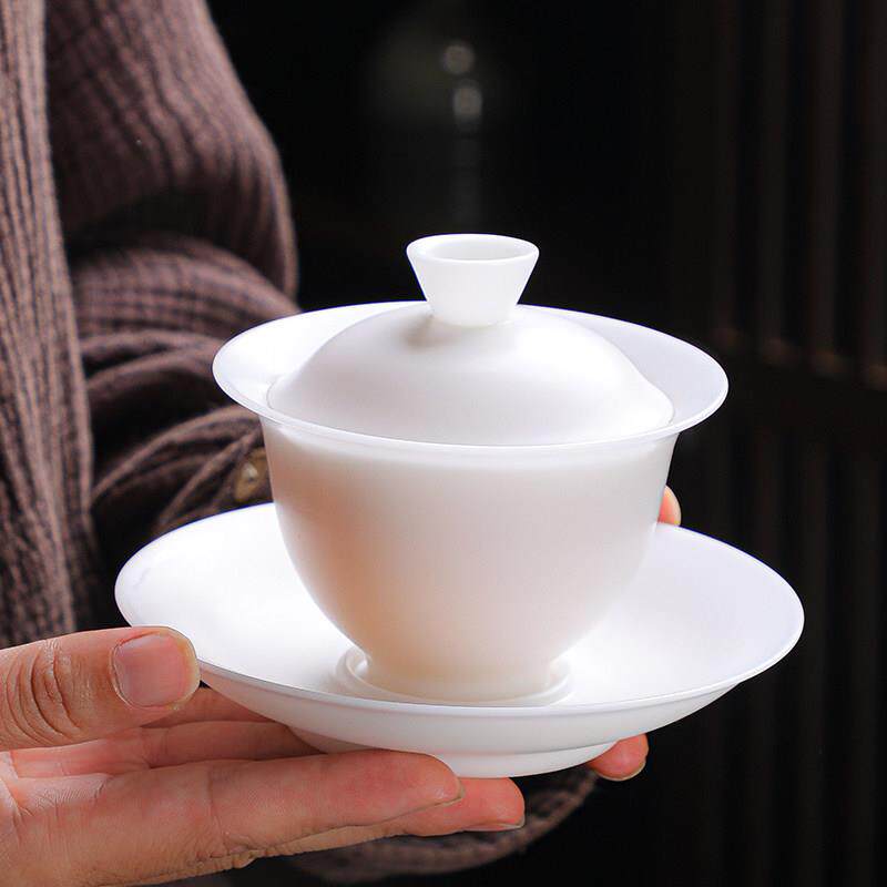 高端冰种素烧羊脂玉白瓷功夫茶具三才盖碗单个茶杯家用泡茶碗茶器