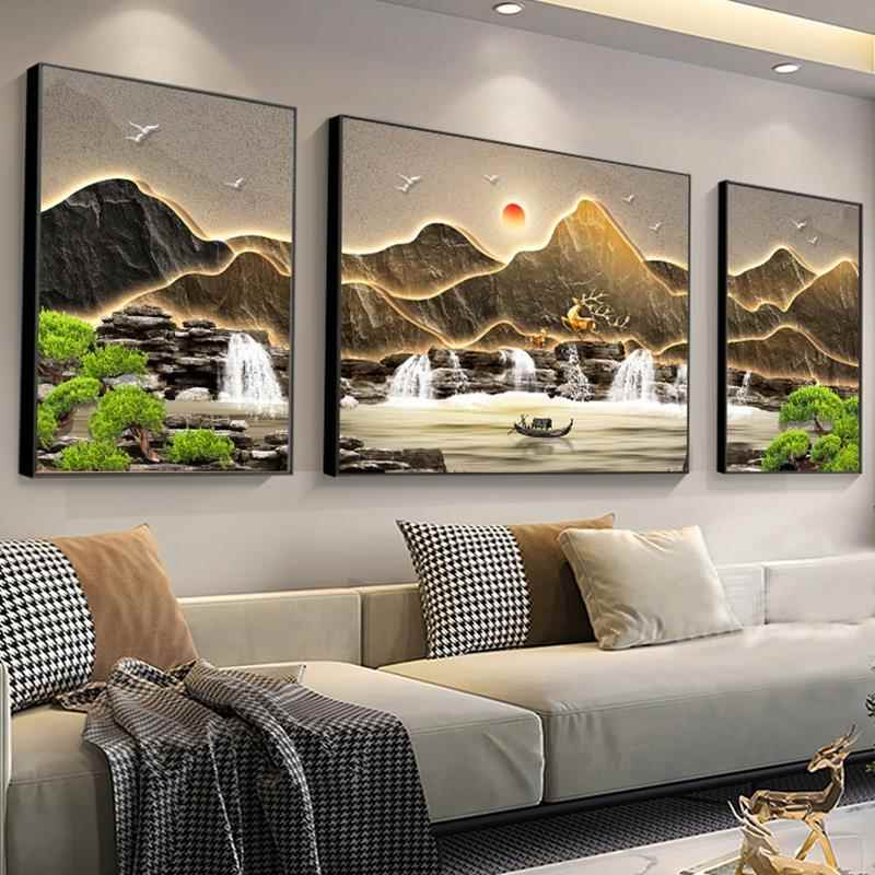 轻奢2025客厅装饰画沙发背景墙挂画三联画山水画大气大白墙壁画