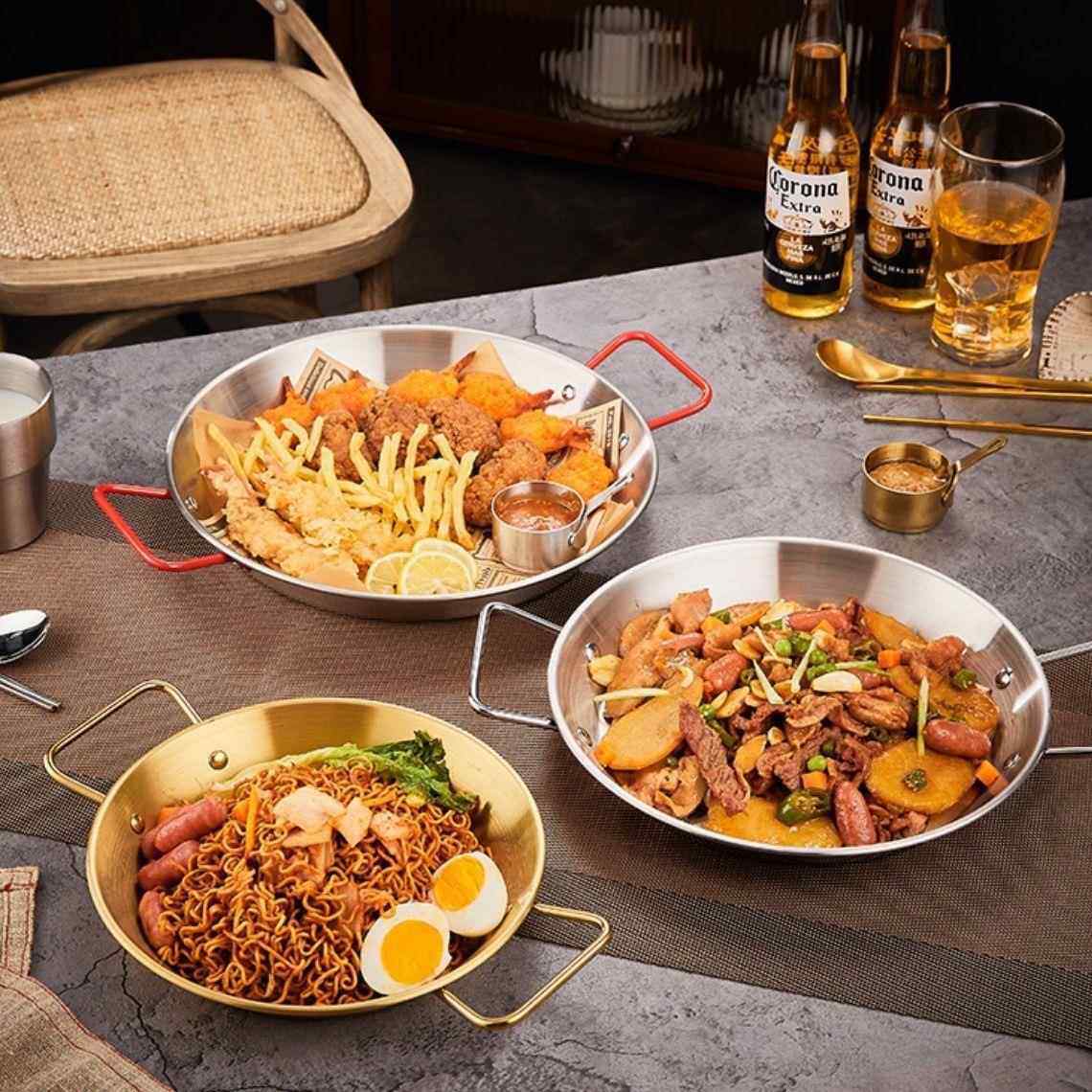 不锈钢海鲜盘双耳小龙虾盘商用金色韩式炸鸡薯条盘意面盘平底干锅,餐饮具,盘,淘宝优惠券,粉丝福利购,淘宝优惠卷