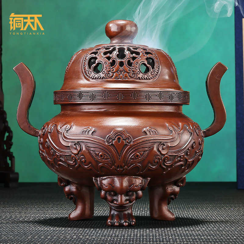 紫铜双龙朝冠耳狮足炉紫铜香炉檀香炉熏香炉办公桌装饰品茶室摆件,家居饰品,香薰炉,淘宝优惠券,粉丝福利购,淘宝优惠卷