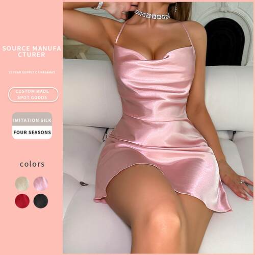 Womens satin mini dress cowl neck spaghetti strap sleeveless