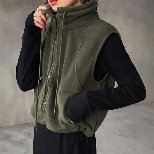 Women's Casual Solid Color Stand Collar Sleeveless Jacket