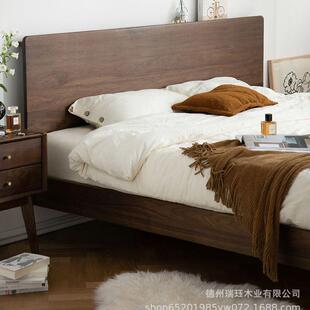 工厂低价北美黑胡桃木家具北欧实木床1.5米复古主卧1.8悬浮双人床