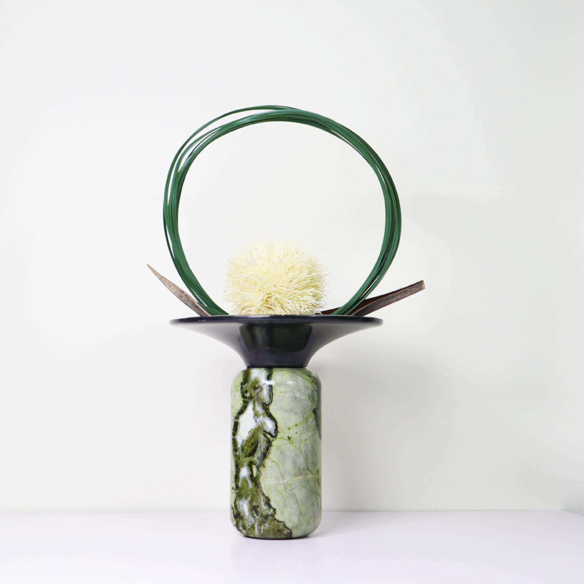 现代新中式天然大理石绿色喇叭花器盆景创意摆件桌面装饰品样板间