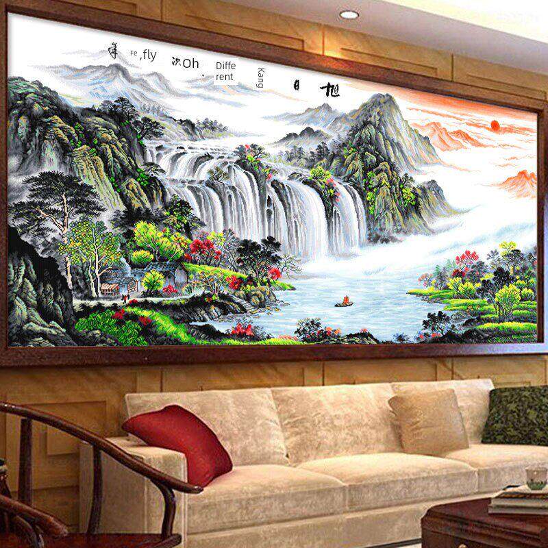 十字绣聚宝盆客厅旭日东升图现代风景挂画山水画中国风大幅挂画