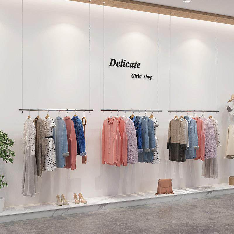 服装店展示架不锈钢拉丝简约悬挂上墙货架婚纱吊架女装吊挂衣杆子