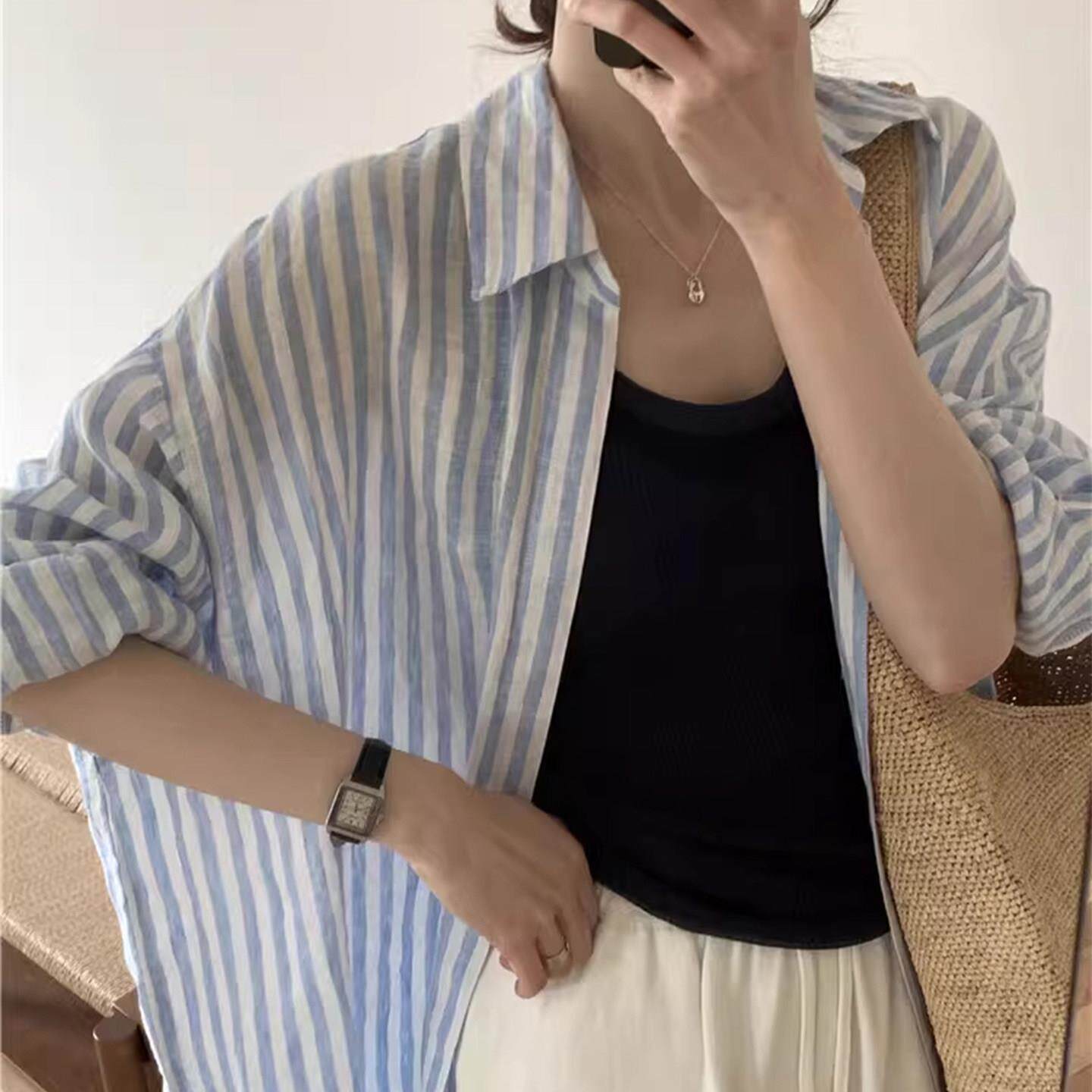 tach damas松弛感蓝白条纹衬衫亚麻衬衣防晒慵懒风棉麻休闲上衣