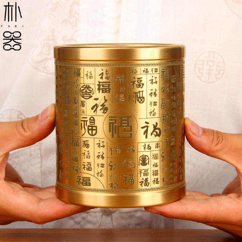 大号铜实心笔筒摆件配木底座办公桌摆件铜笔筒摆件