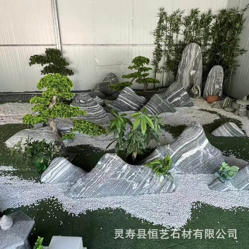 雪浪石切片组合造景庭院刻字石草地泰山石室内外枯山水假山造景