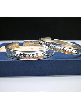 高档9药精品原创复古藏文师999版纯银手镯窄版宽男女绕线手镯
