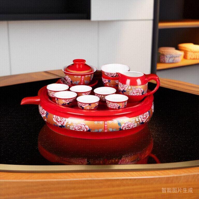 新中式红色牡丹花陶瓷功夫茶具套装盖碗茶杯国潮茶具会议婚庆礼品