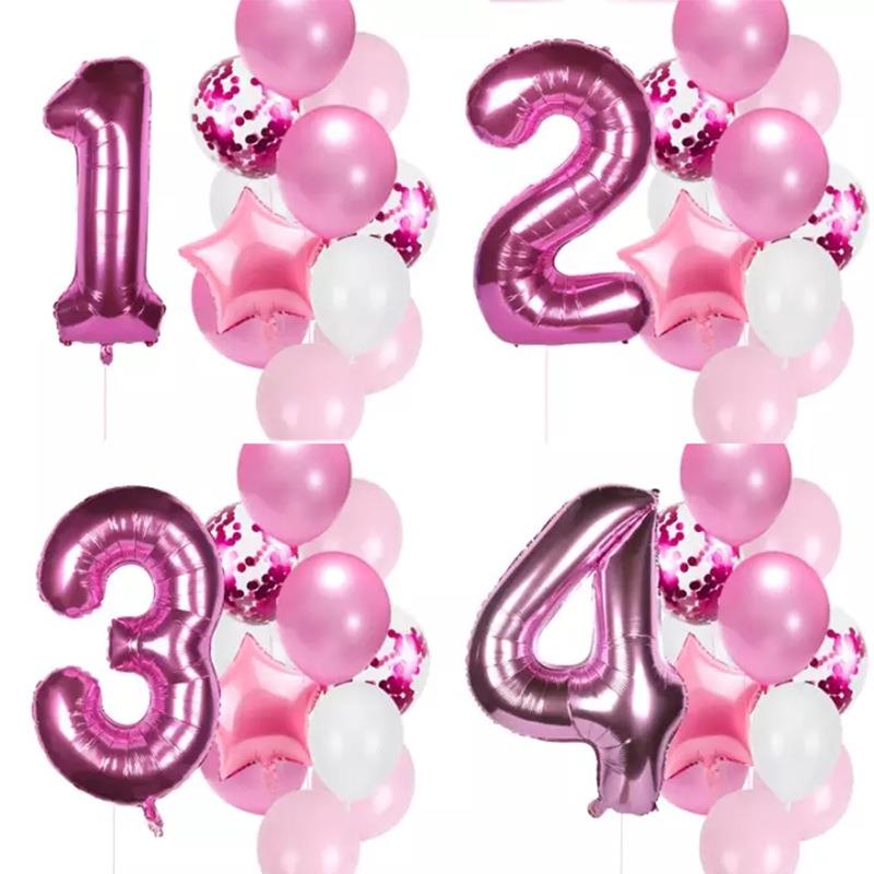 跨境32寸0-9玫红亮片女孩宝宝周岁生日派对装饰 数字铝膜气球套餐