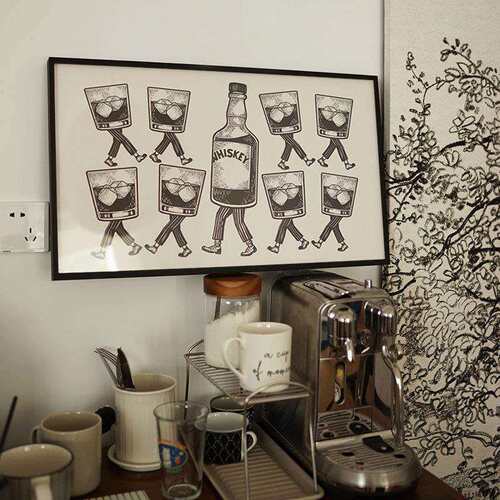 行走的WHISKEY经典黑白复古韩风趣味装饰画餐厅吧台挂画中古酒吧