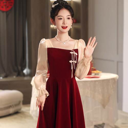 长袖敬酒服新娘2025新款法式高级感订婚礼服小个子平时可穿洋装