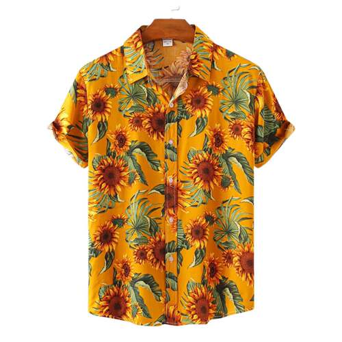 Men Floral Print Sleeve Shirt Boho Casual Regular Button Up