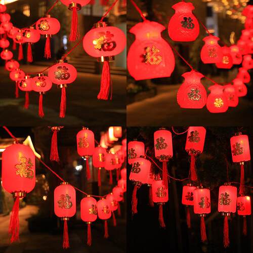 新年装饰LED太阳能红灯笼灯串中国结福字小彩灯节日喜庆氛围闪灯