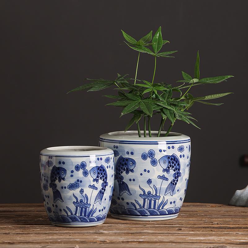 景德镇高温陶瓷花盆陶瓷盆景四方风小盆盆载书桌半手绘鱼群