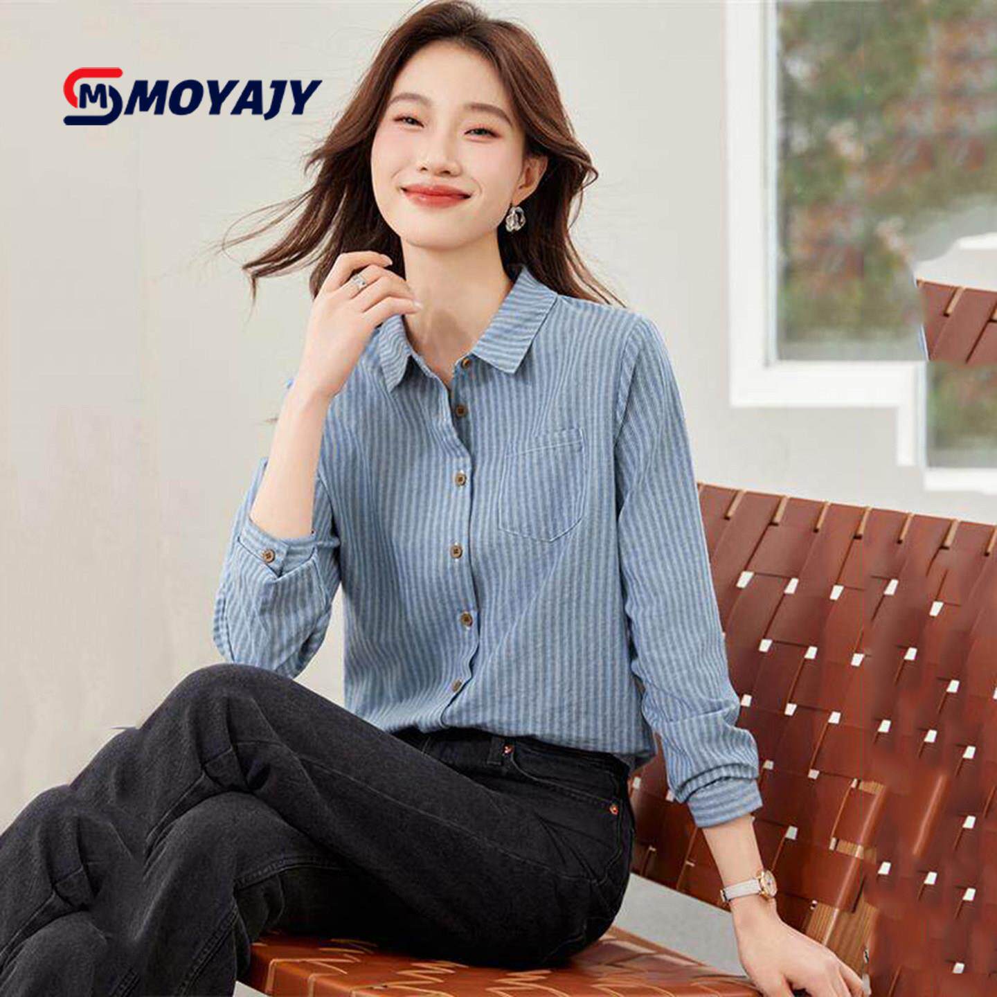 MOYAJY品牌2026春秋装新款高级感条纹衬衫女百搭上衣长袖纯棉衬衣