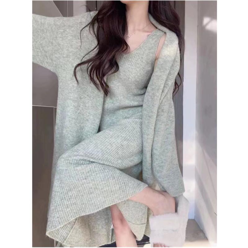 时尚外贸女装新款套装女针织吊带连衣裙长款毛衣开衫外套两件套厚