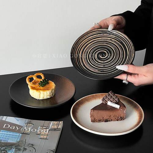 日式覆古陶瓷甜品盘牛排西餐盘家用高级感义大利面 面盘蛋糕碟圆