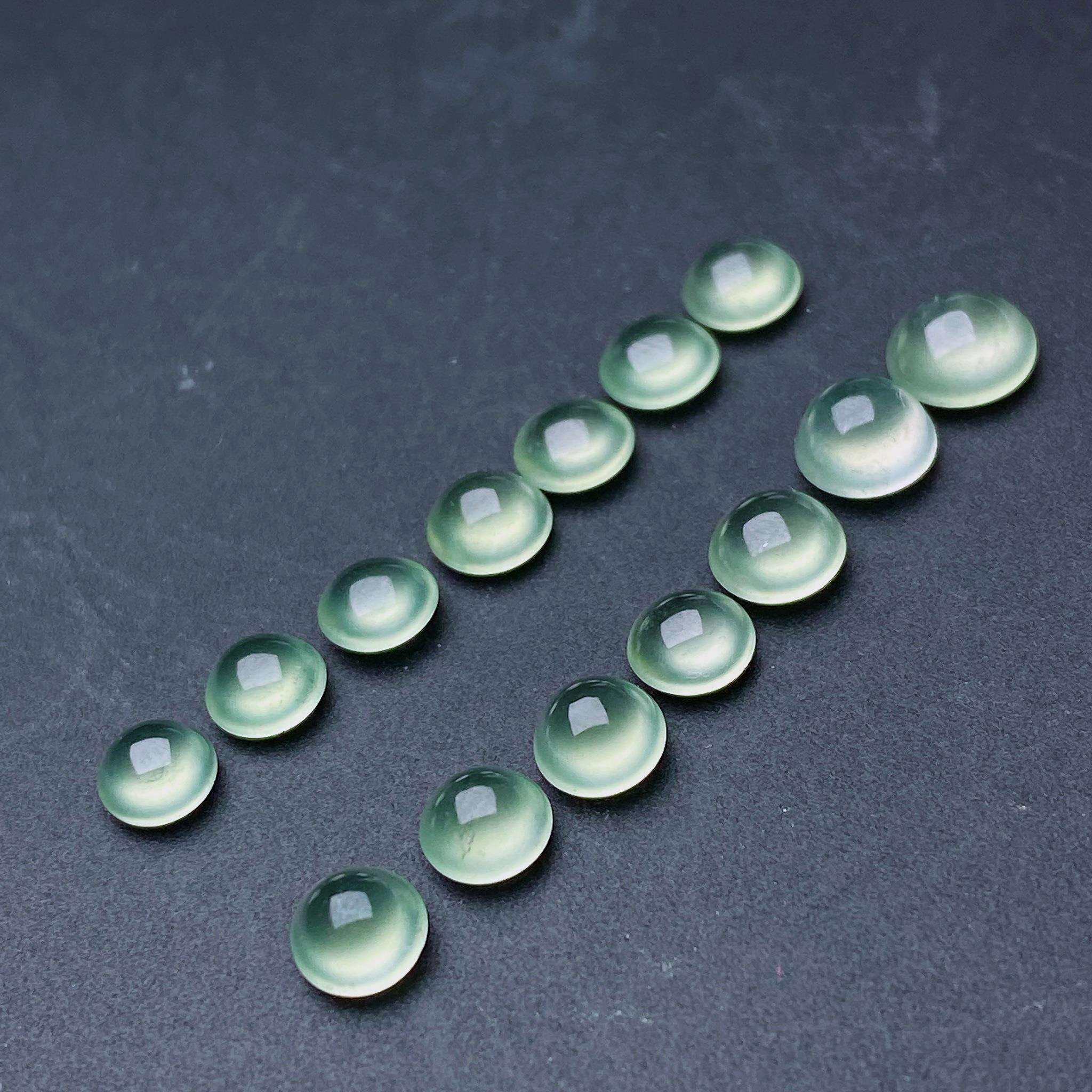 缅甸天然翡翠a货冰种晴水蛋面一手卡5-3.3,4.6mmfxj旦面裸石镶嵌